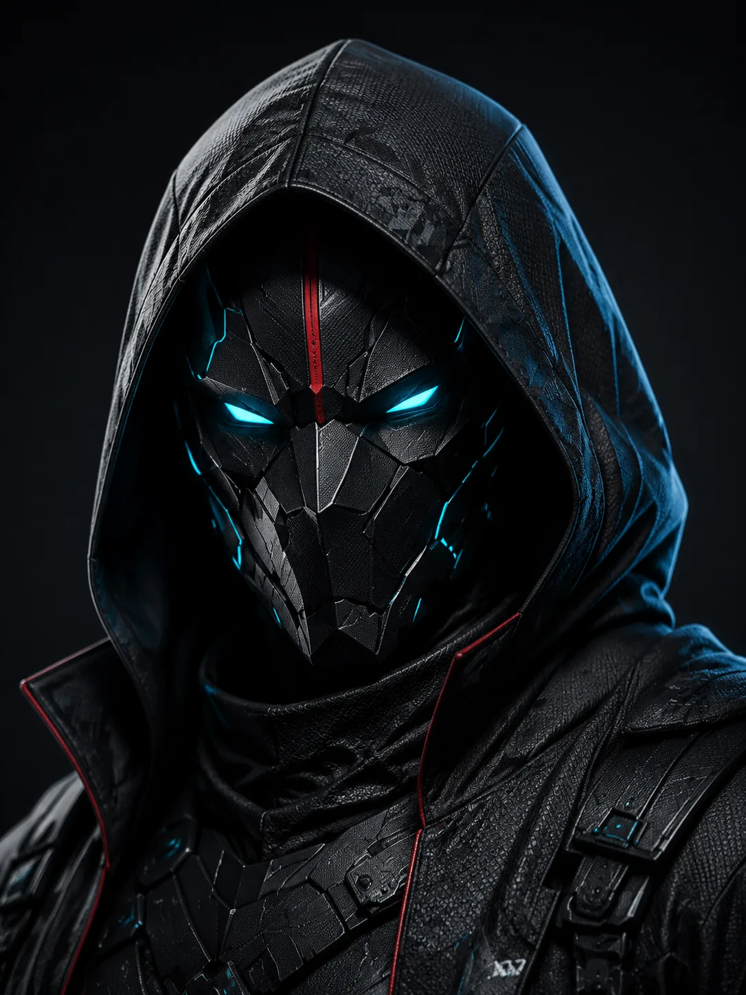 Chacal: figura encapuzada com máscara escura e olhos azuis luminosos, identidade visual do estúdio.